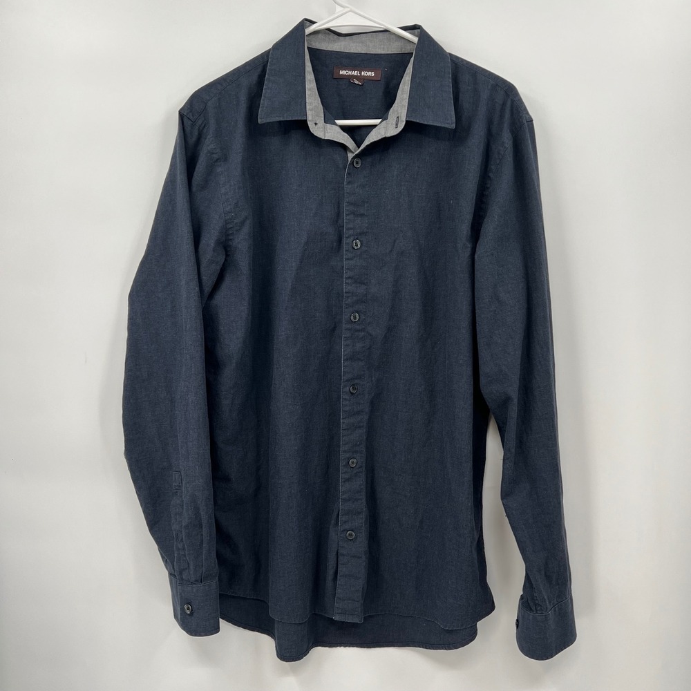 Michael Kors Large Button Down Shirt Mens Navy Blue Long Sleeve Cotton Contrast